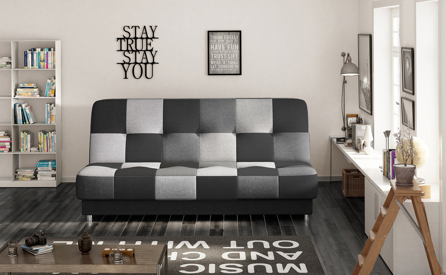 Nowoczesny salon z czarno-szarą sofą w kratkę, minimalistycznym wystrojem i drewnianymi akcentami. Przytulne wnętrze z biblioteczką i dekoracjami.
