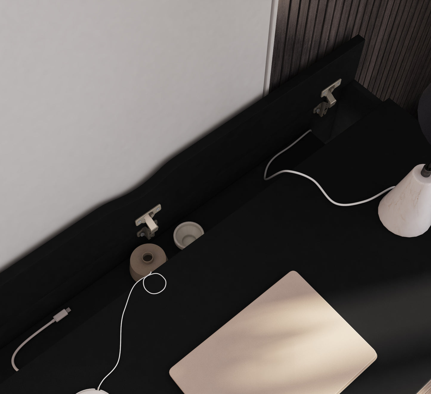 Schowek na kable w blacie biurka Nevy 120x60 cm – praktyczne miejsce na zasilacze i przewody. Estetyczne i funkcjonalne biurko do laptopa.
