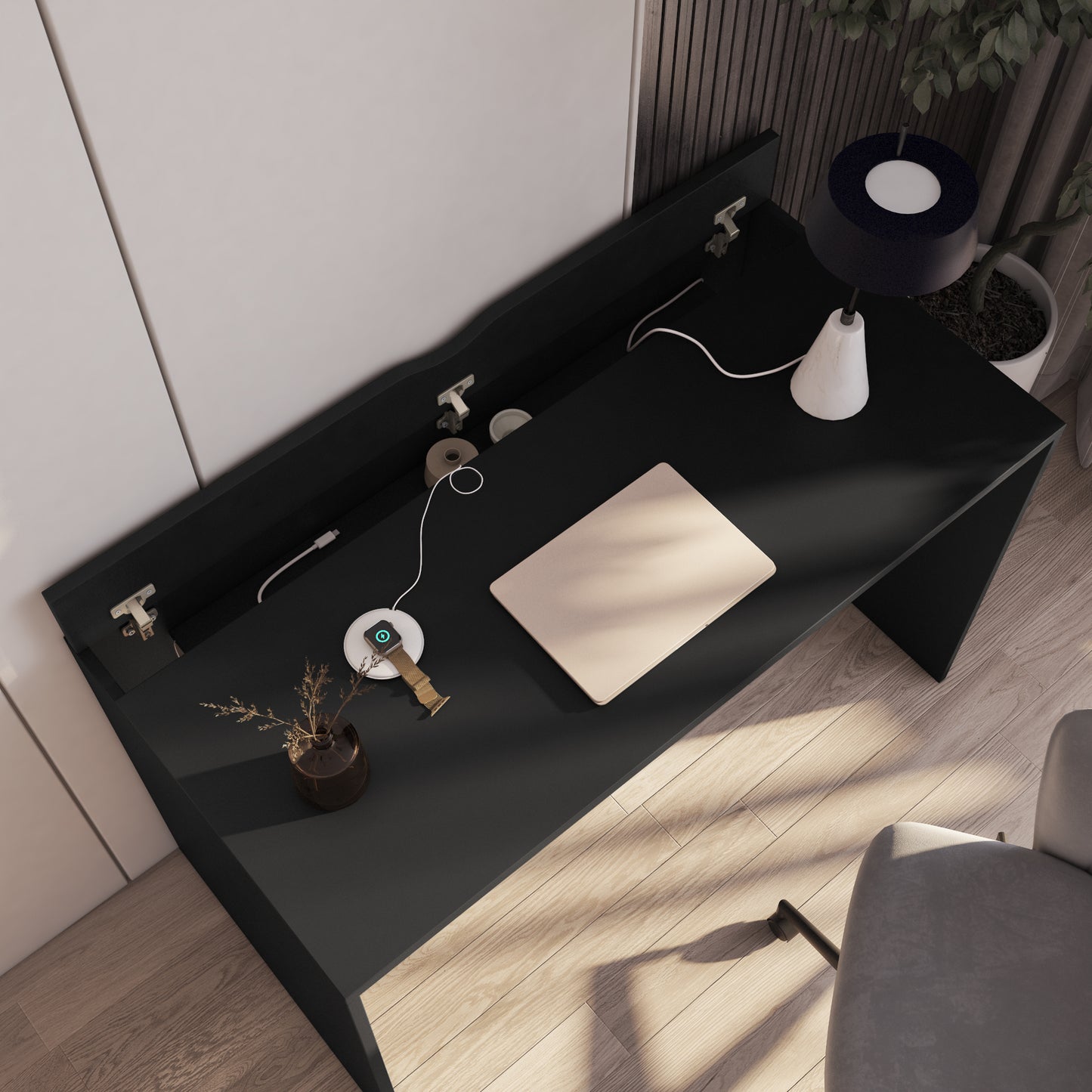 Biurko Nevy 120x60 cm z otwieranym schowkiem na kable. Nowoczesne biurko do pracy z laptopem – estetyczne i funkcjonalne rozwiązanie do wnętrz.