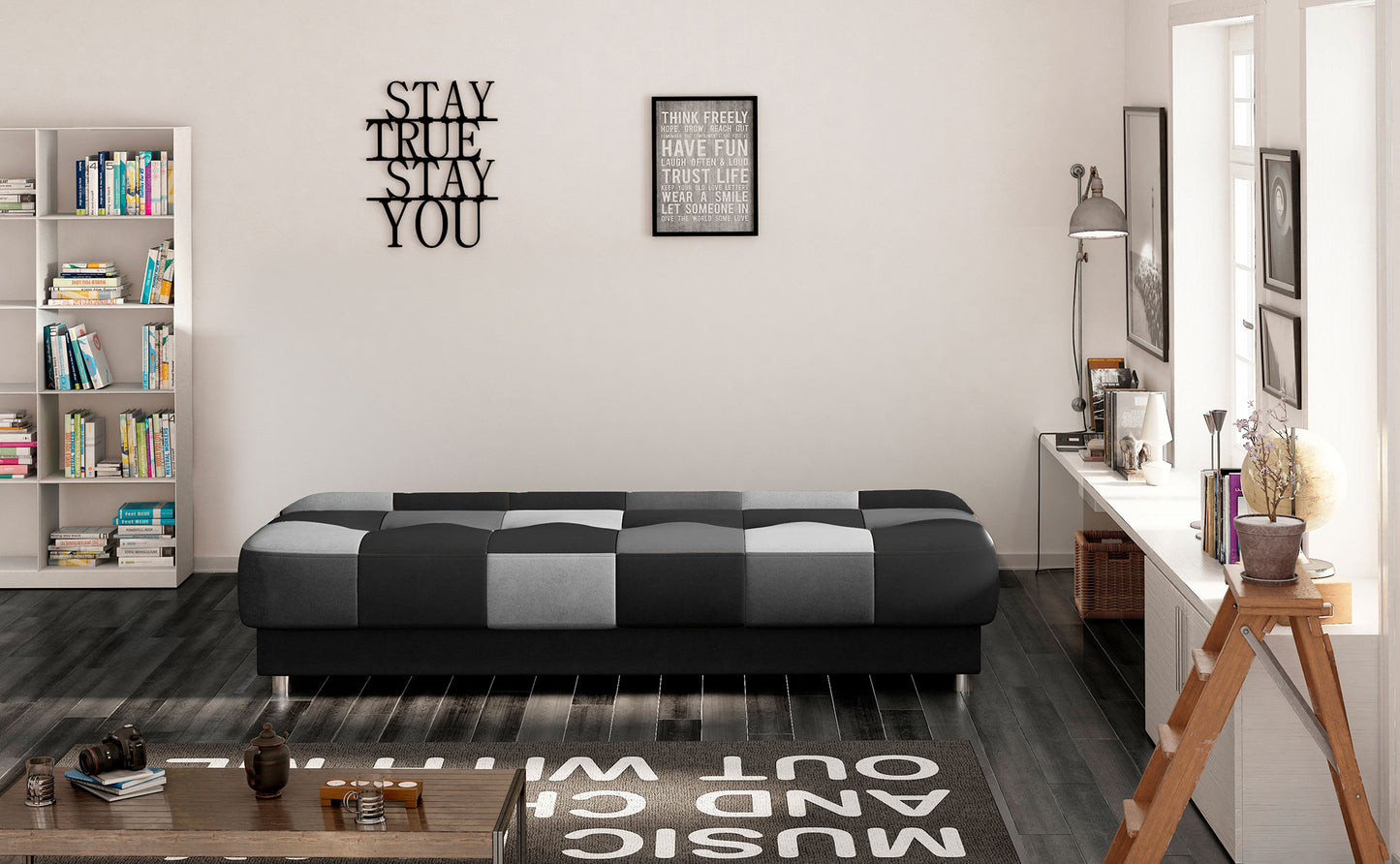 Rozkładana sofa w czarno-szarą kratkę w nowoczesnym salonie. Minimalistyczne wnętrze z drewnianą podłogą, biblioteczką i stylowymi dekoracjami.
