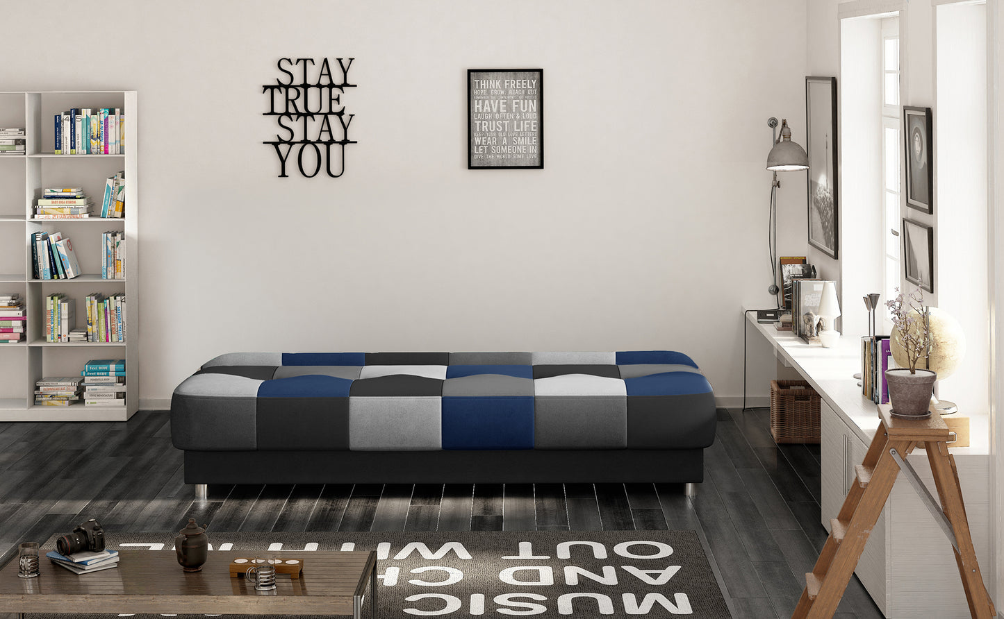 Rozłożona sofa w szaro-czarno-granatową kratkę w nowoczesnym salonie. Stylowe wnętrze z biblioteczką, drewnianą podłogą i industrialnymi dekoracjami.