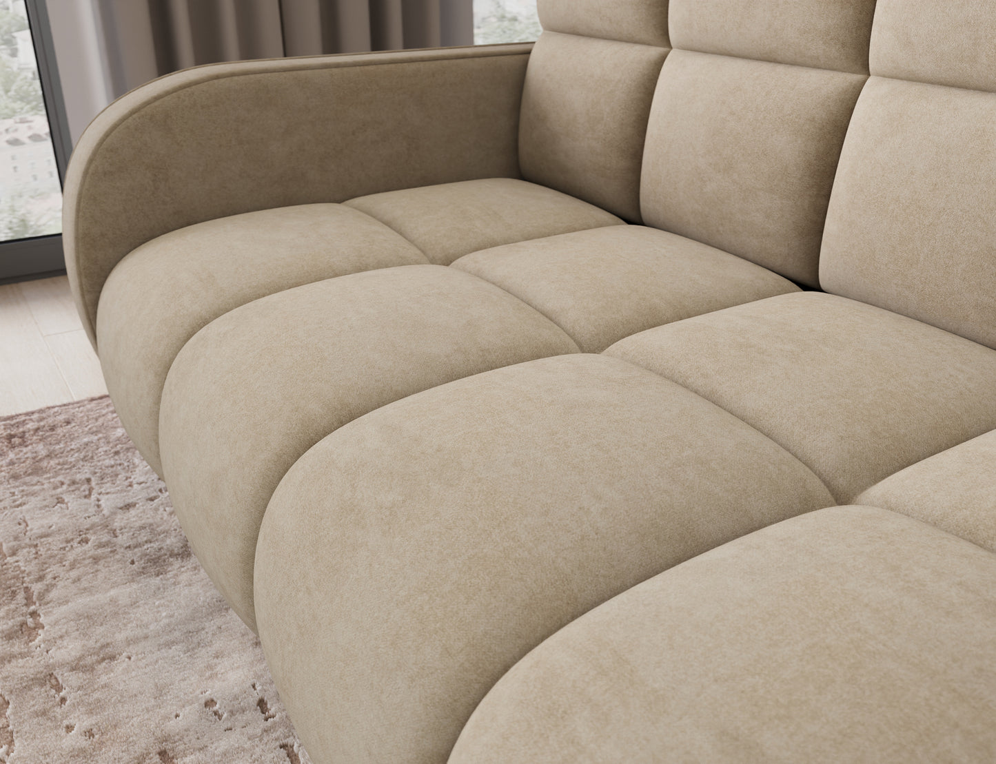 Zbliżenie na siedzisko sofy Deverio Aura 18 kremowy – miękka tapicerka, eleganckie przeszycia i nowoczesny design.