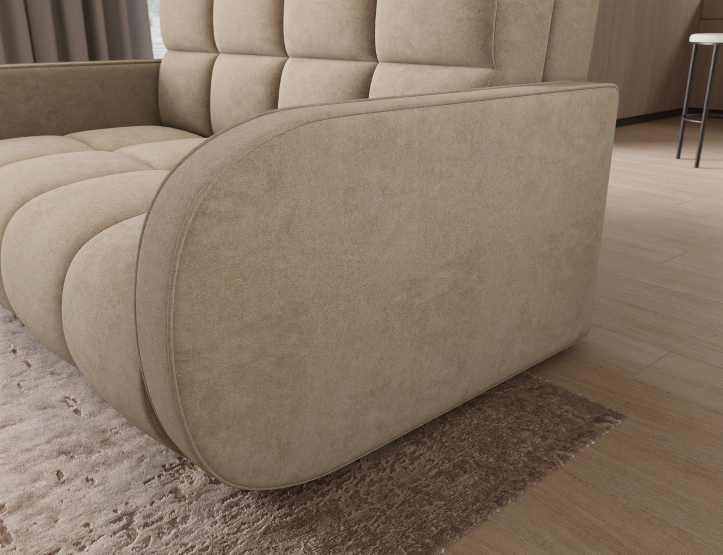 Sofa Deverio Aura 18 kremowy – bok amerykanki z eleganckim, zaokrąglonym wykończeniem i trwałą tapicerką.