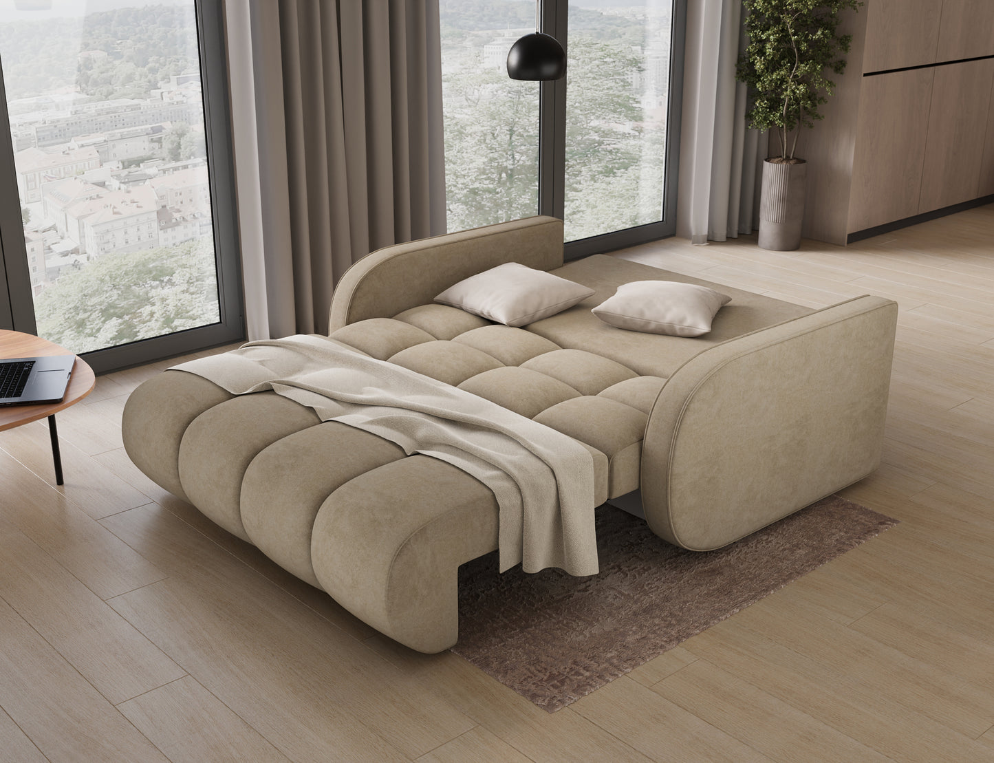 Amerykanka Deverio Aura 18 kremowy rozłożona do spania – sofa z funkcją spania codziennego i dużą powierzchnią 131×203 cm.