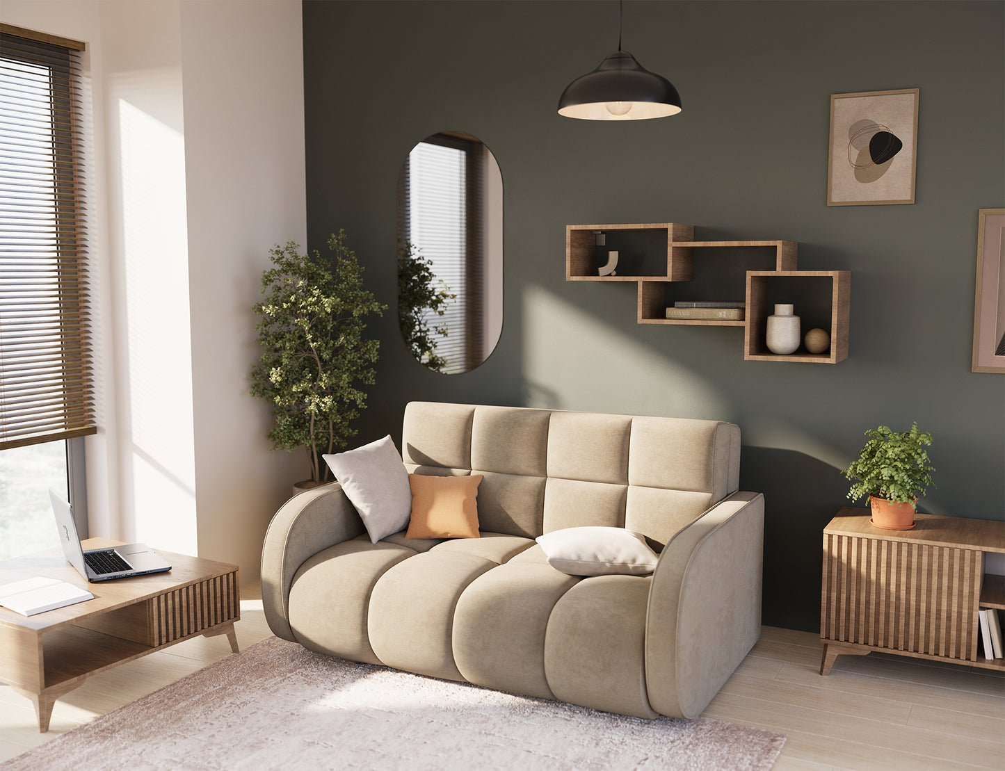 Amerykanka Deverio Aura 18 kremowy w aranżacji salonu – nowoczesna sofa do spania z pojemnikiem na pościel.