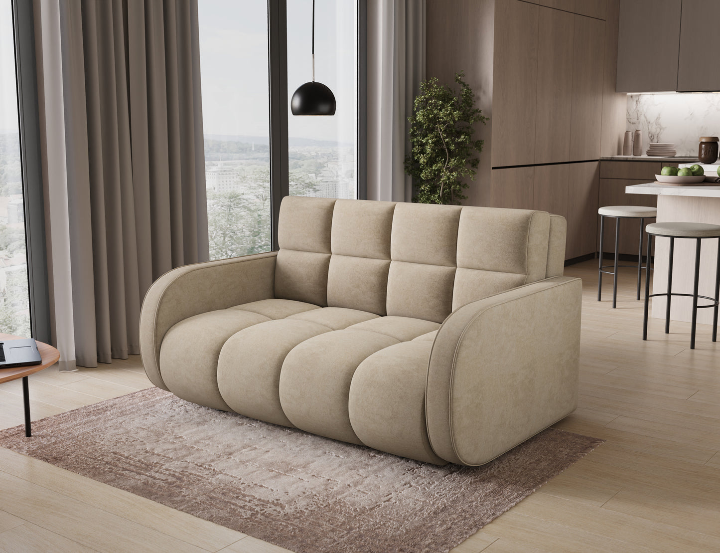 Amerykanka Deverio Aura 18 kremowy – sofa z funkcją spania, widok z boku w eleganckiej aranżacji wnętrza.