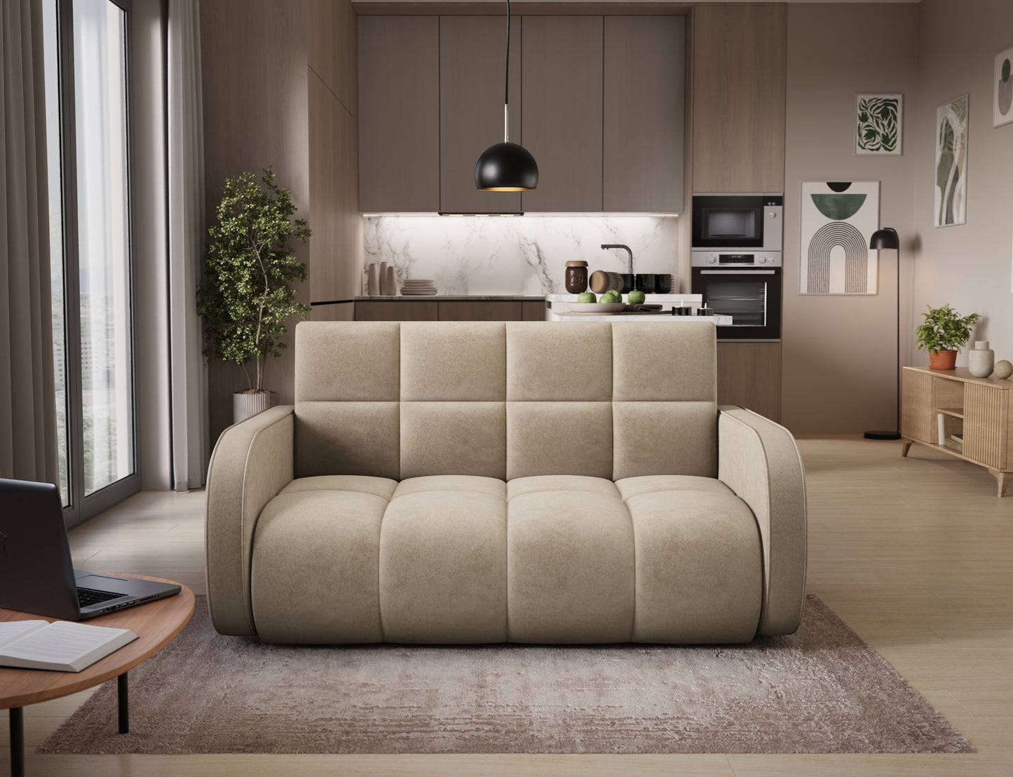 Amerykanka Deverio Aura 18 kremowy – nowoczesna sofa z funkcją spania i pojemnikiem, prezentacja od frontu.