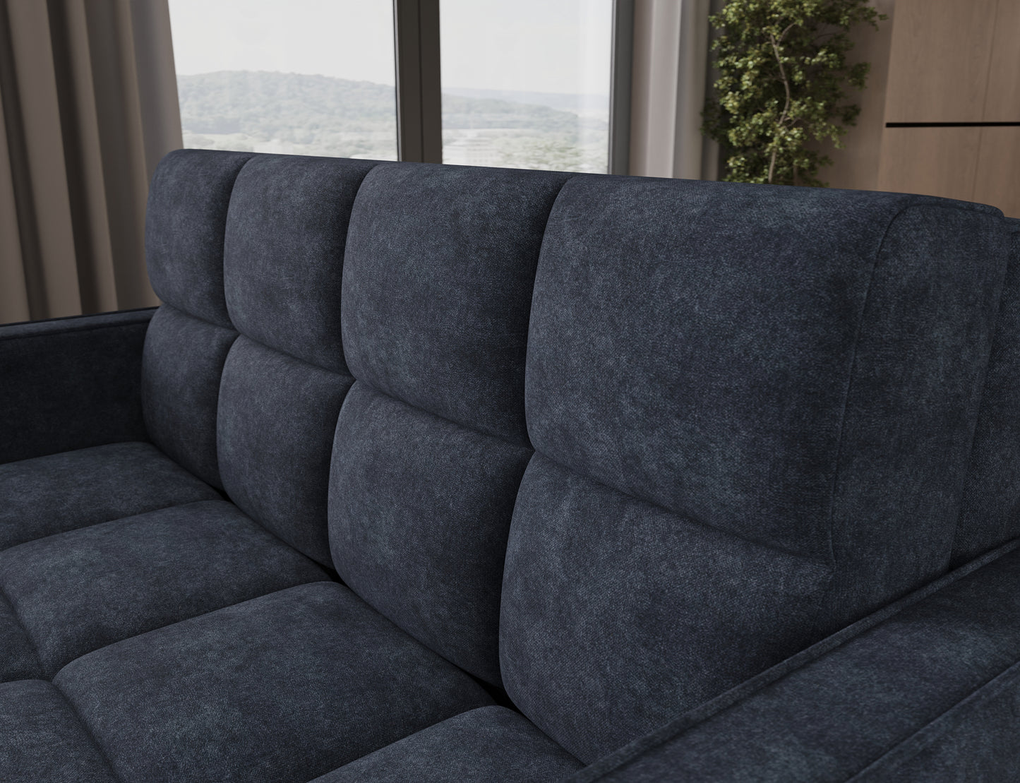 Sofa Deverio Aura 40 niebieski – detal oparcia z przeszyciami podkreślającymi komfort i nowoczesny charakter.