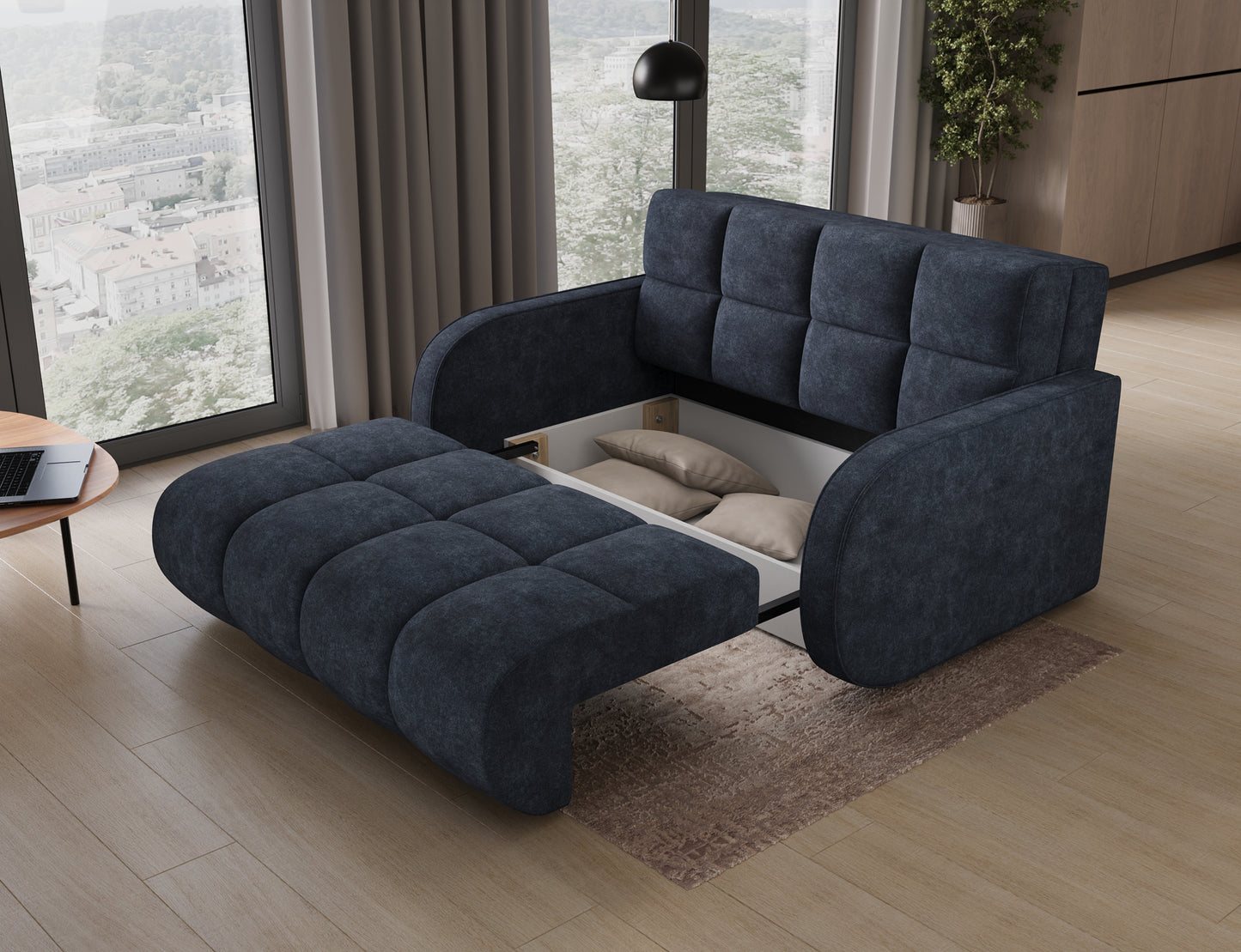 Sofa Deverio Aura 40 niebieski – otwarty pojemnik na pościel, praktyczne rozwiązanie dla nowoczesnych wnętrz.