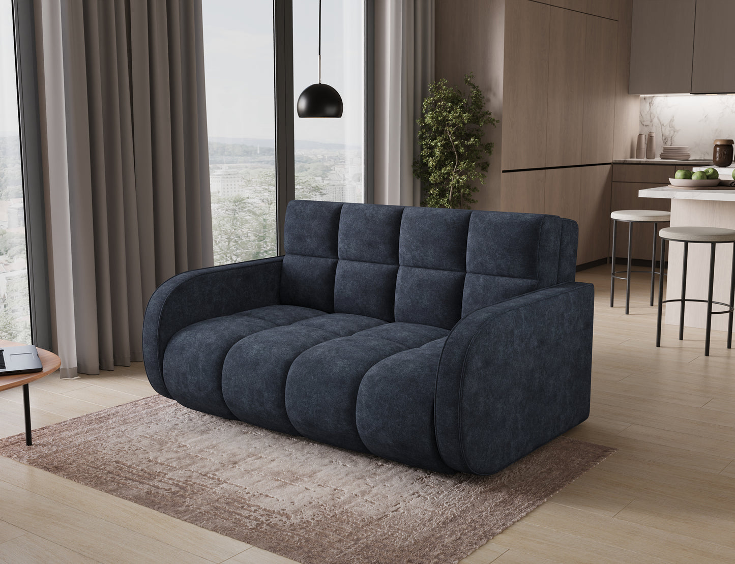 Amerykanka Deverio Aura 40 niebieski – widok pod skosem, nowoczesna sofa z funkcją spania i kompaktową formą.