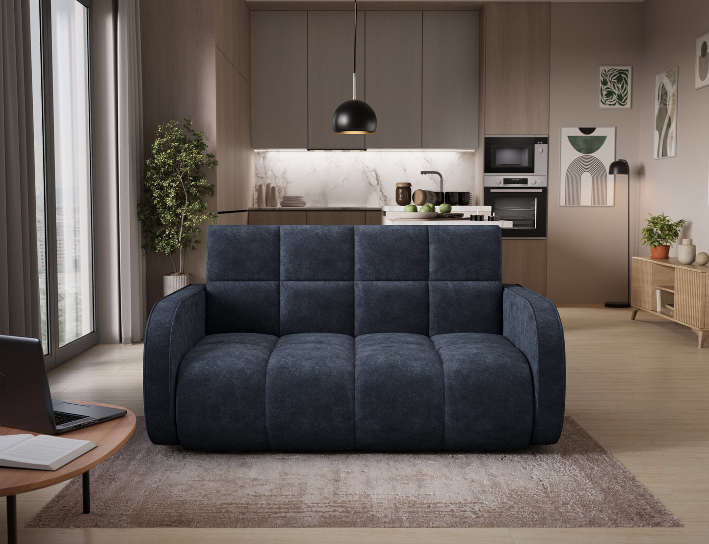 Amerykanka Deverio Aura 40 niebieski – sofa z funkcją spania i pojemnikiem na pościel, nowoczesna forma do małych mieszkań.
