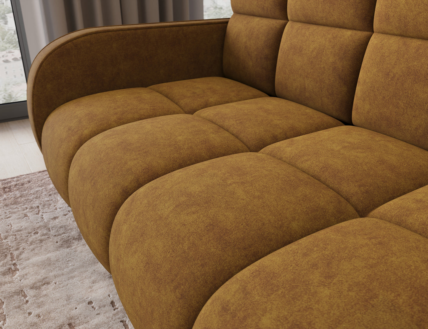Sofa Deverio Aura 45 żółty – zbliżenie na miękką tapicerkę i przeszycia, łączące wygodę codzienną z elegancją wnętrza.