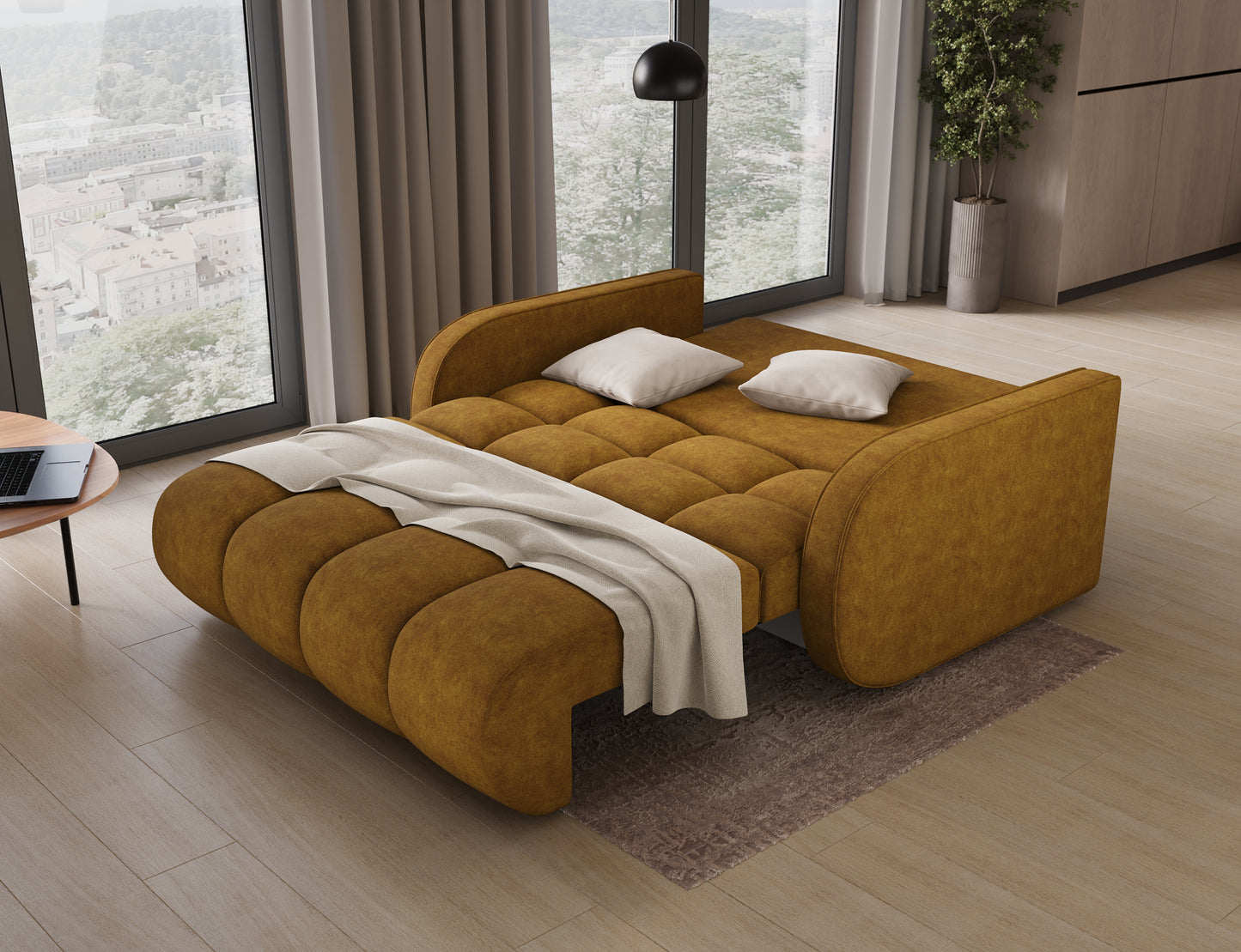 Amerykanka Deverio Aura 45 żółty rozłożona – sofa z funkcją spania codziennego i dużą powierzchnią 131×203 cm.