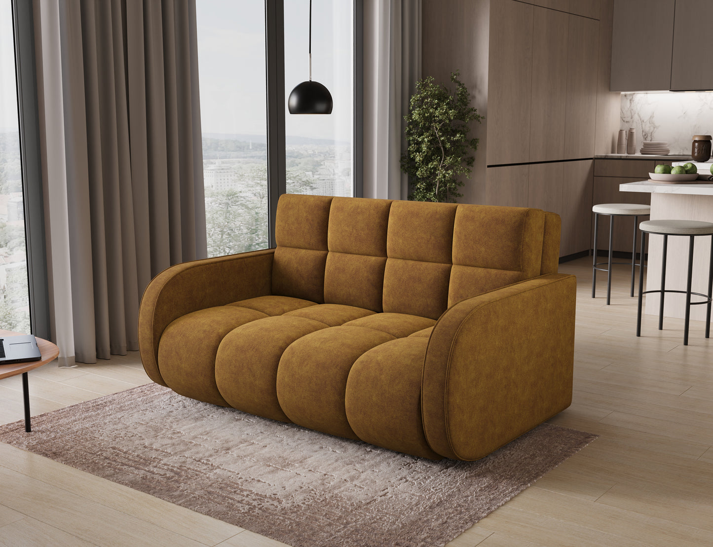 Sofa Deverio Aura 45 żółty – kompaktowa amerykanka do małych wnętrz, z funkcją spania i nowoczesnym designem.