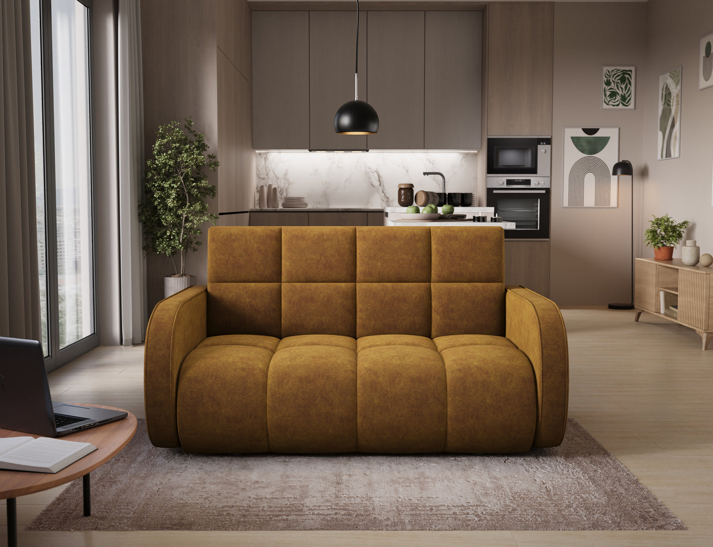 Sofa Deverio Aura 45 żółty – nowoczesna amerykanka do małych wnętrz z funkcją spania i praktycznym pojemnikiem.