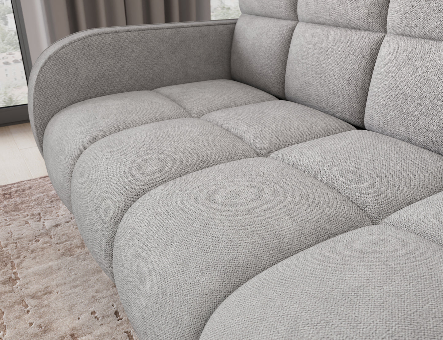 Sofa Deverio Poco 03 jasnoszary – zbliżenie na miękkie siedzisko z dekoracyjnymi przeszyciami, gwarancja komfortu i elegancji.
