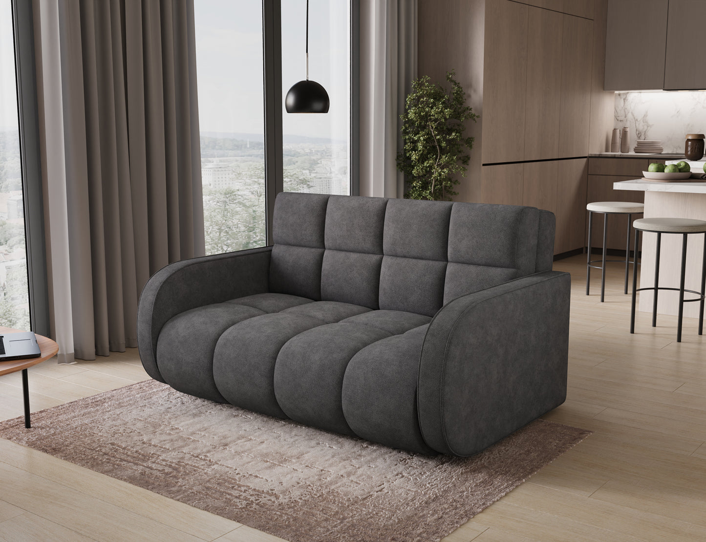Amerykanka Deverio Poco 04 szary w aranżacji – nowoczesny design, funkcja spania i praktyczny pojemnik.