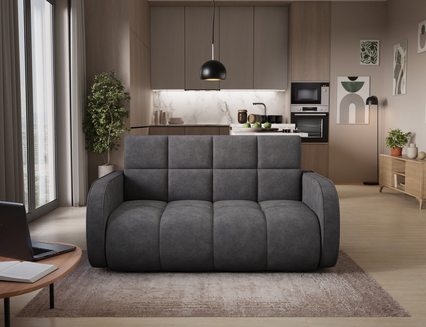 Amerykanka Deverio Poco 04 szary – nowoczesna sofa 2-osobowa z funkcją spania i pojemnikiem, łącząca design z komfortem.