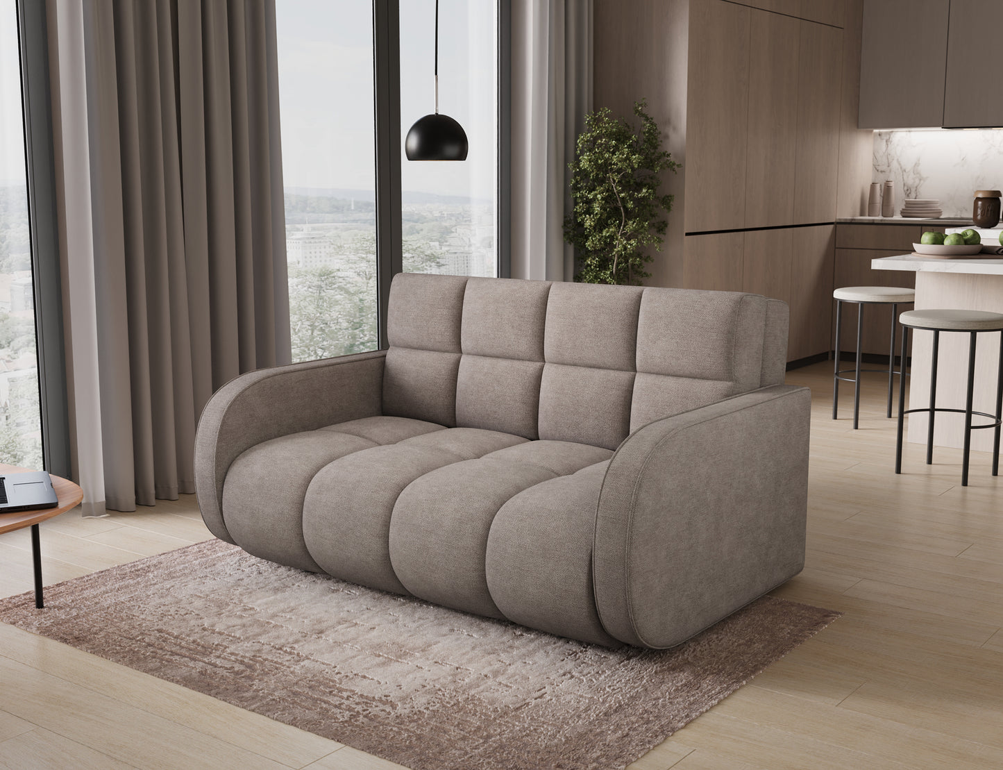 Amerykanka Deverio w tkaninie Poco 07 beżowy – widok skośny, elegancka sofa z funkcją spania i pojemnikiem, pasująca do nowoczesnych wnętrz.