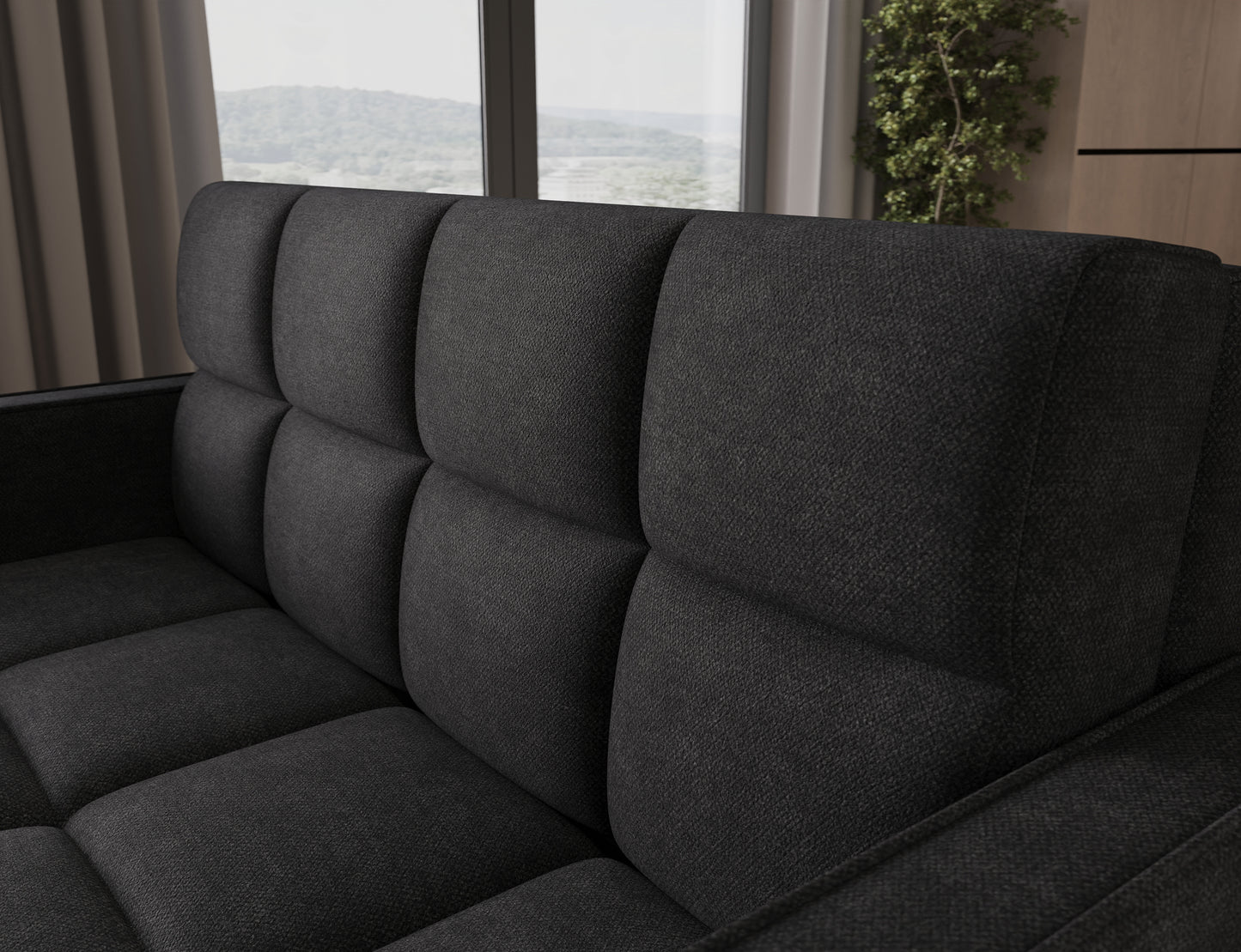 Amerykanka Deverio Poco 10 czarny – zbliżenie na miękkie pikowane oparcie, komfortowa sofa rozkładana w czarnej tkaninie