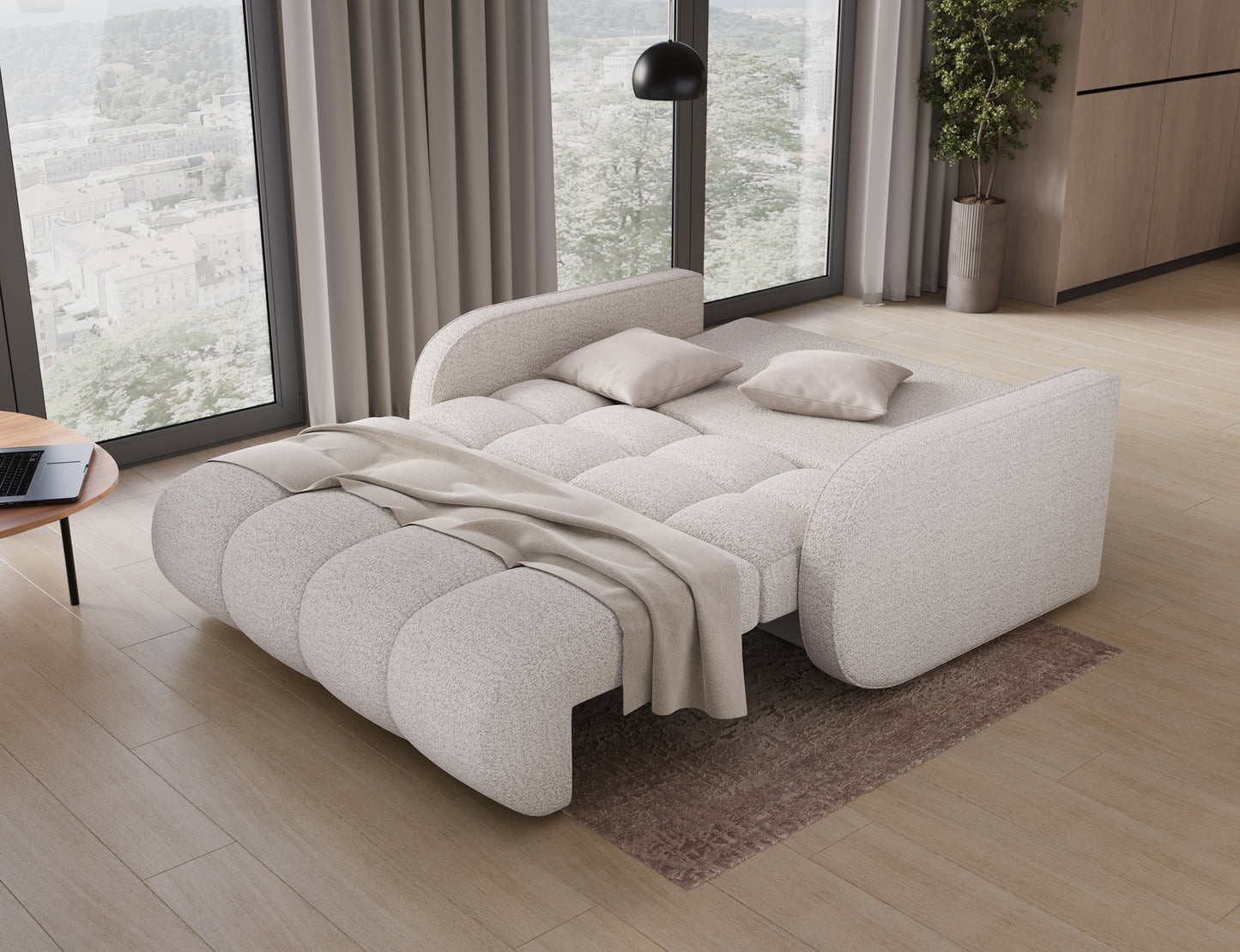 Amerykanka Deverio Royal 01 biały boucle – rozłożona do spania, z dużą powierzchnią 131×203 cm i miękkim wykończeniem.