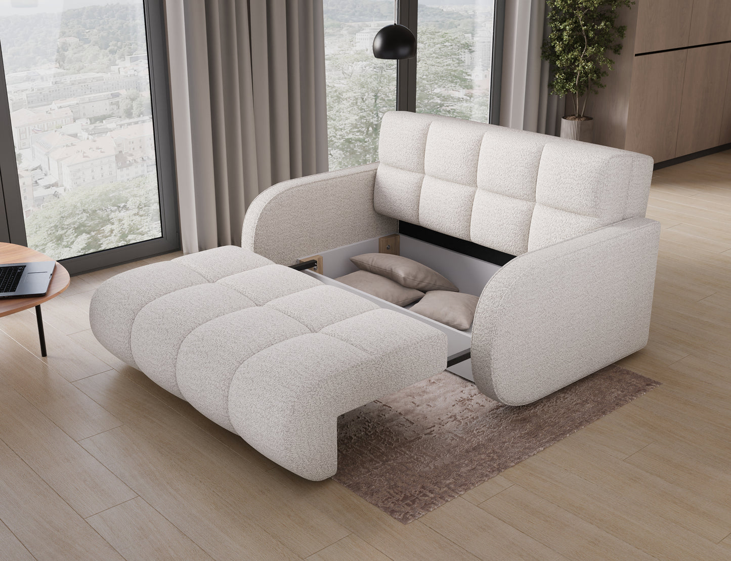 Sofa Deverio Royal 01 biały boucle – otwarty pojemnik na pościel, praktyczne rozwiązanie dla małych mieszkań.
