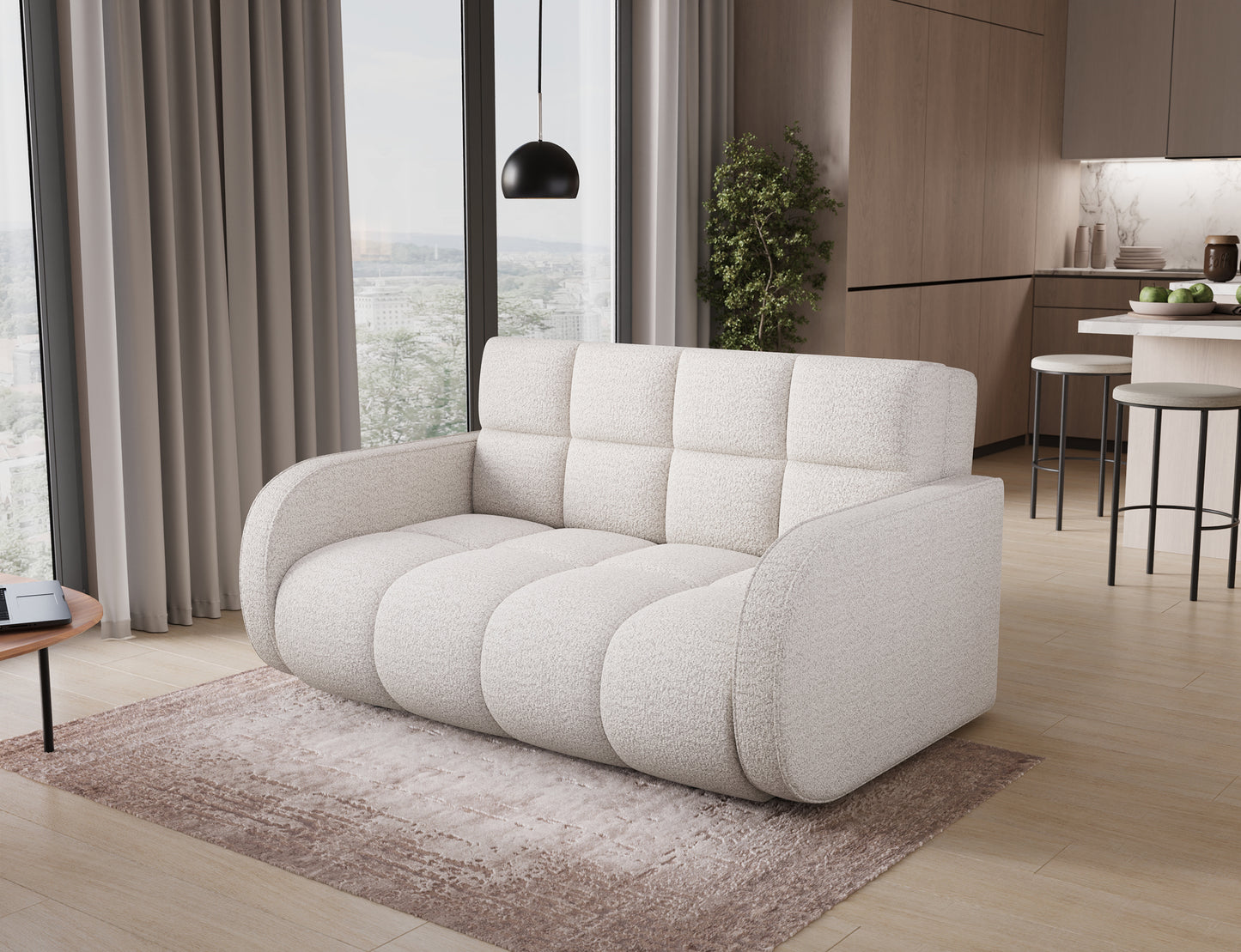 Amerykanka Deverio Royal 01 biały boucle – widok pod skosem, sofa z funkcją spania i nowoczesnym designem.