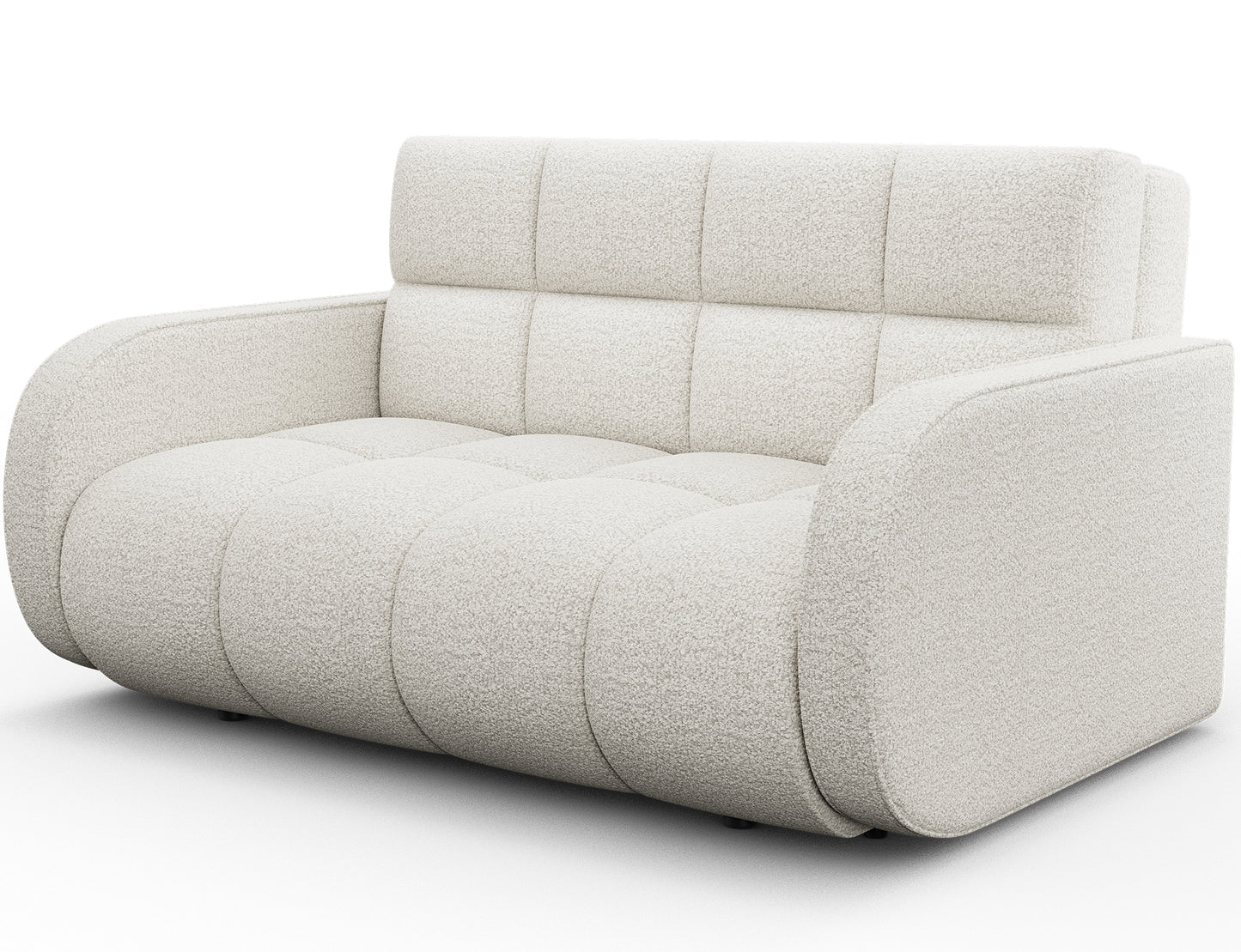 Sofa Deverio Royal 01 biały boucle – kompaktowa amerykanka z funkcją spania i pojemnikiem na pościel, widok z boku.