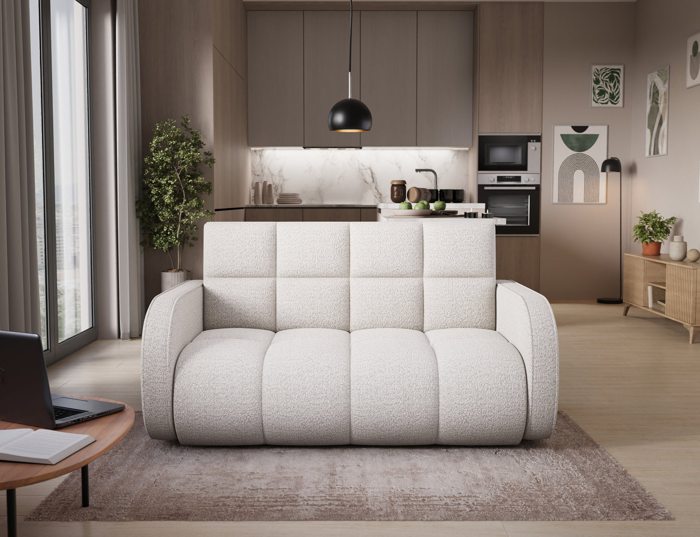 Amerykanka Deverio Royal 01 biały boucle – sofa z funkcją spania i pojemnikiem, elegancka propozycja do małych wnętrz.
