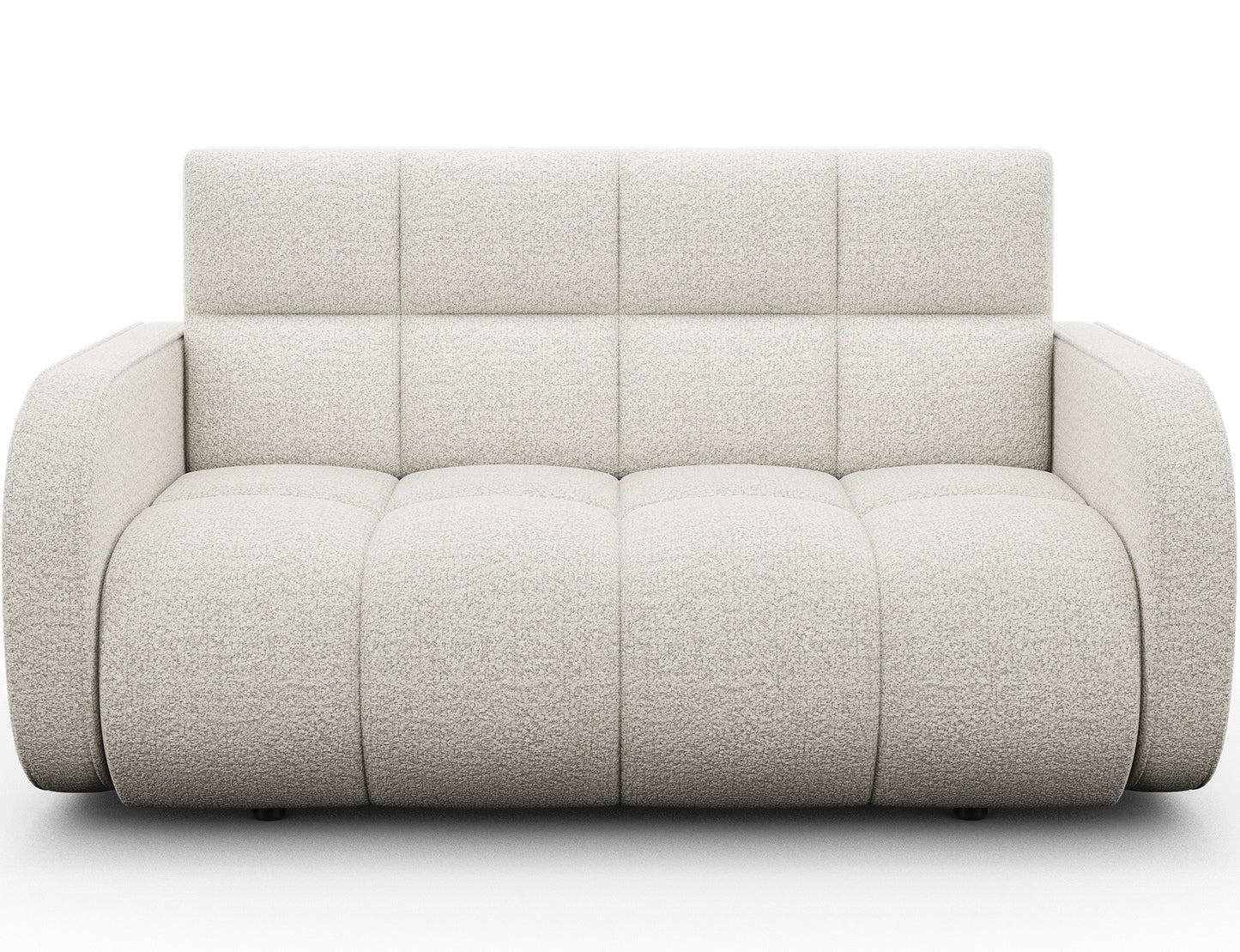 Amerykanka Deverio Royal 01 biały boucle – sofa z funkcją spania i pojemnikiem, nowoczesny design do małych wnętrz.