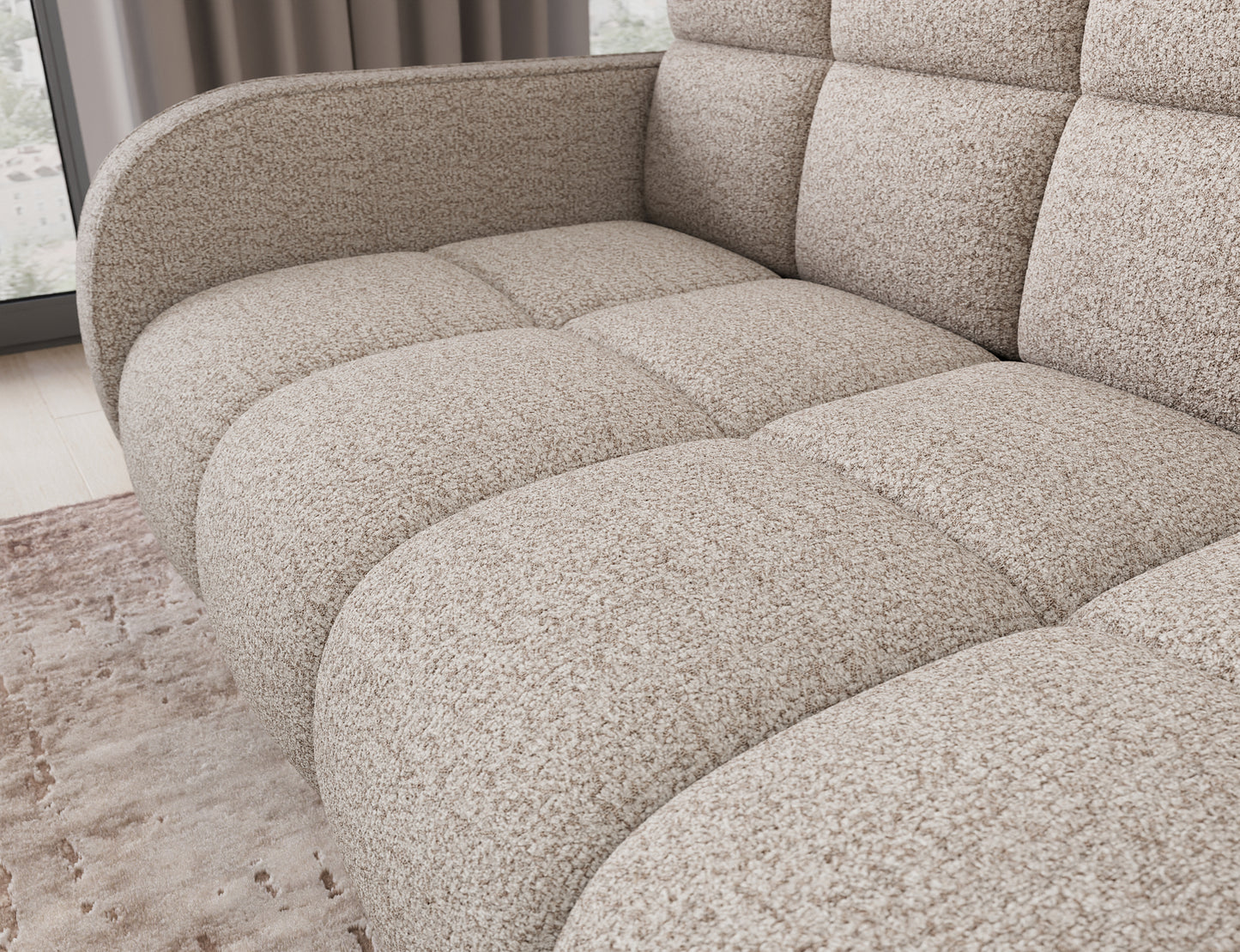 Sofa Deverio Royal 18 jasnobeżowy boucle – detal miękkiego siedziska z przeszyciami podkreślającymi komfort i elegancję.