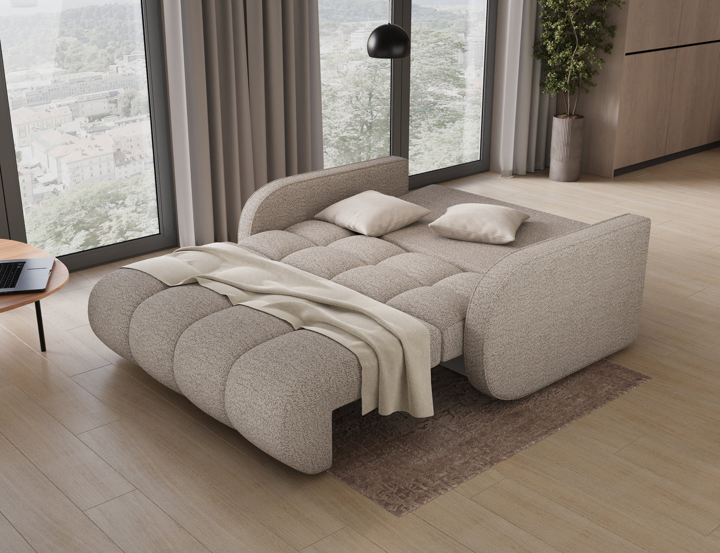 Amerykanka Deverio Royal 18 jasnobeżowy boucle – rozkładana sofa do spania z powierzchnią 131×203 cm i miękkim obiciem.