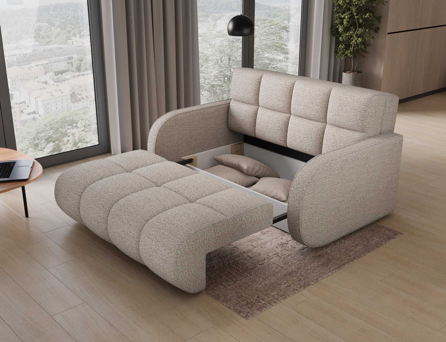 Sofa Deverio Royal 18 jasnobeżowy boucle – otwarty pojemnik na pościel, praktyczne rozwiązanie do małych mieszkań.