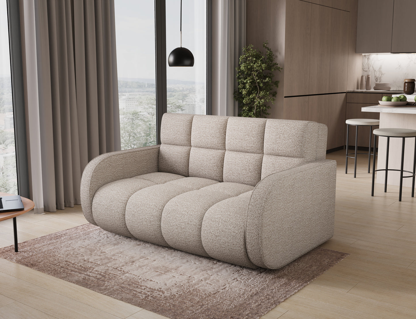 Amerykanka Deverio Royal 18 jasnobeżowy boucle – widok pod skosem, sofa z funkcją spania i eleganckim designem.
