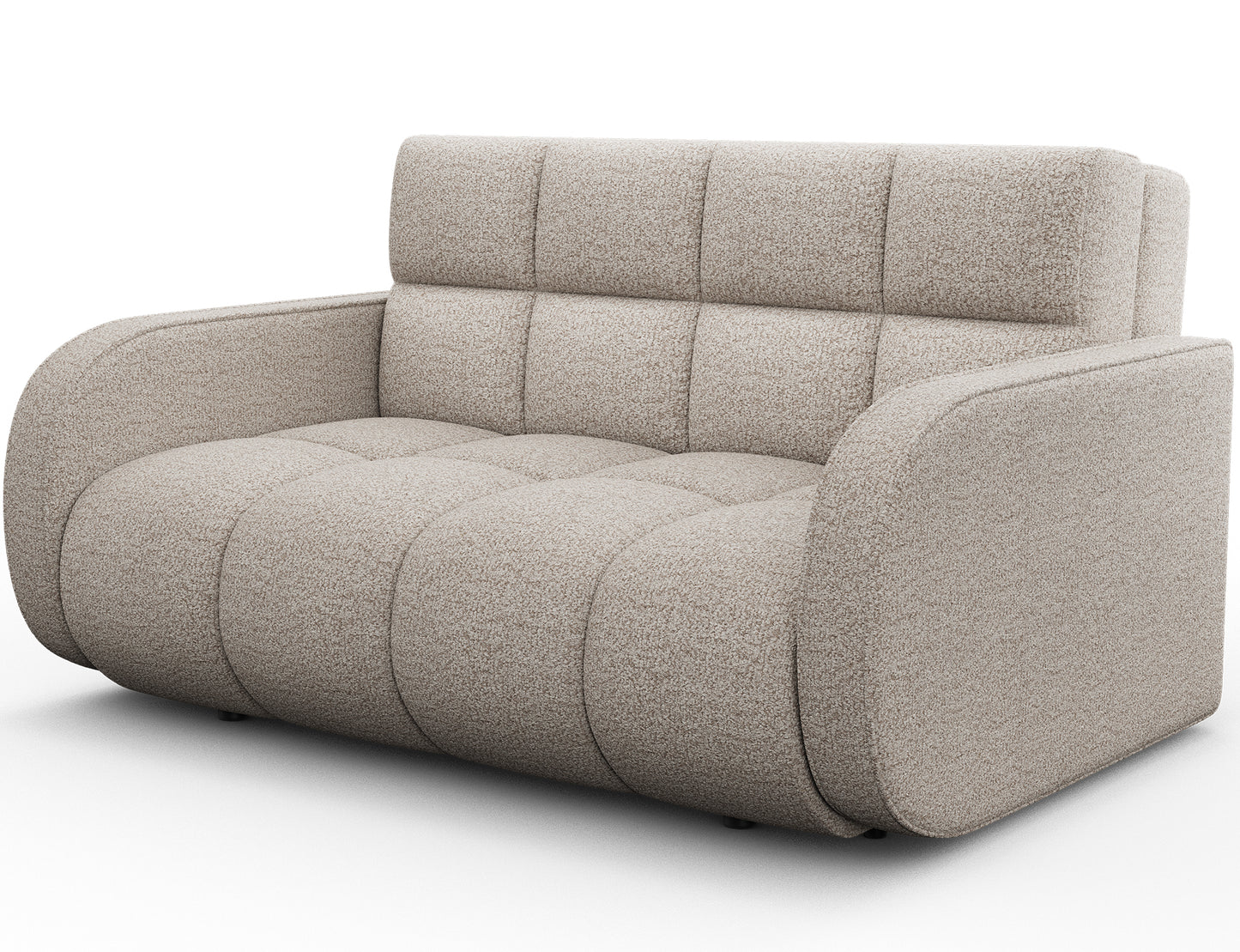 Sofa Deverio Royal 18 jasnobeżowy boucle – kompaktowa amerykanka z funkcją spania i pojemnikiem, widok z boku.