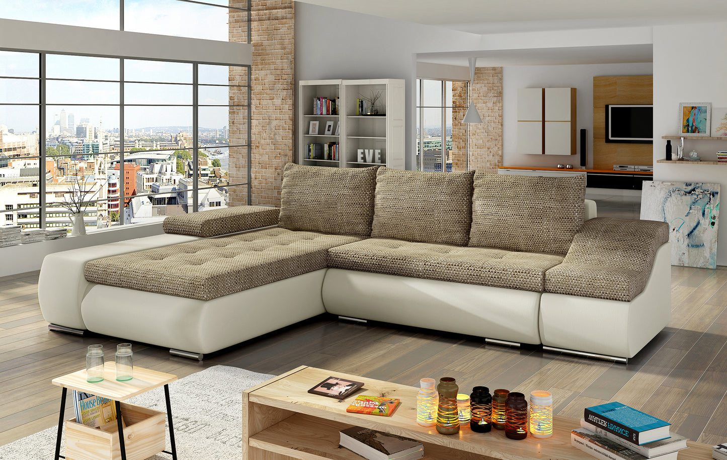 Beżowa sofa narożna Ontario wykonana z materiałów Berlin 03 i Soft 33 to idealne rozwiązanie do jasnych wnętrz, gdzie liczy się przytulność, funkcjonalność oraz estetyczny wygląd dopasowany do nowoczesnych aranżacji