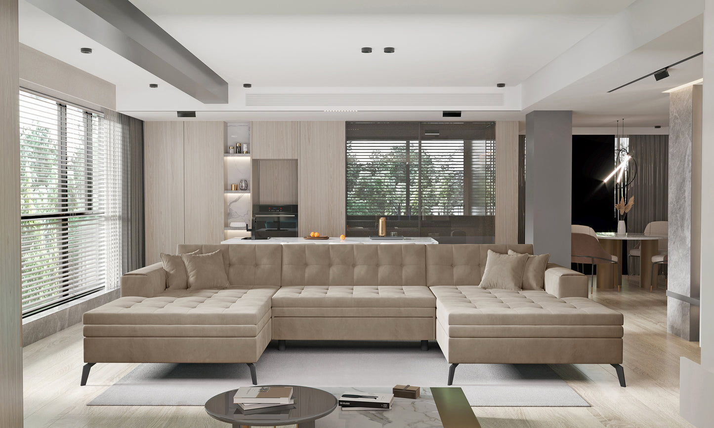 Beżowa sofa narożna Vertizo wykonana z materiału Nube 20 to funkcjonalny mebel do salonu, zapewniający komfortowy wypoczynek i estetyczny wygląd, idealny dla osób ceniących spokojną, neutralną kolorystykę