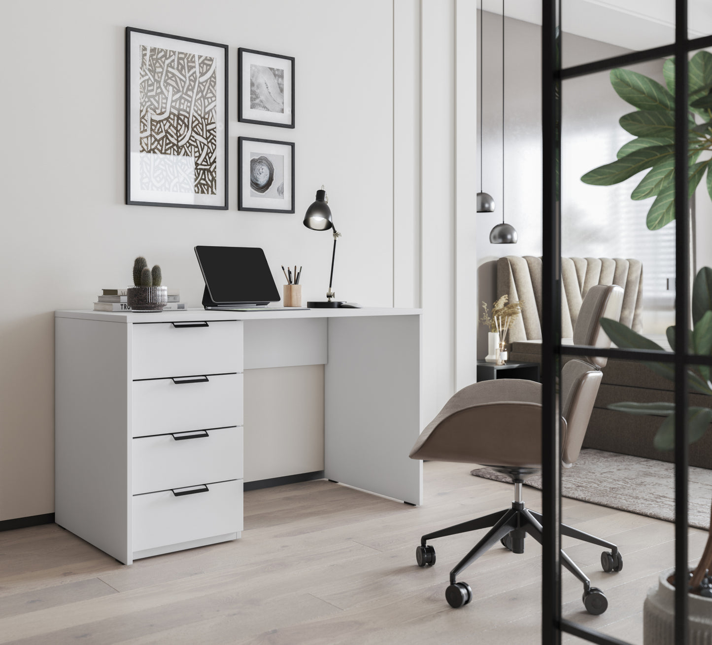 Nowoczesne białe biurko Barold 120x60 cm z szufladami w minimalistycznym wnętrzu, idealne do domowego biura.