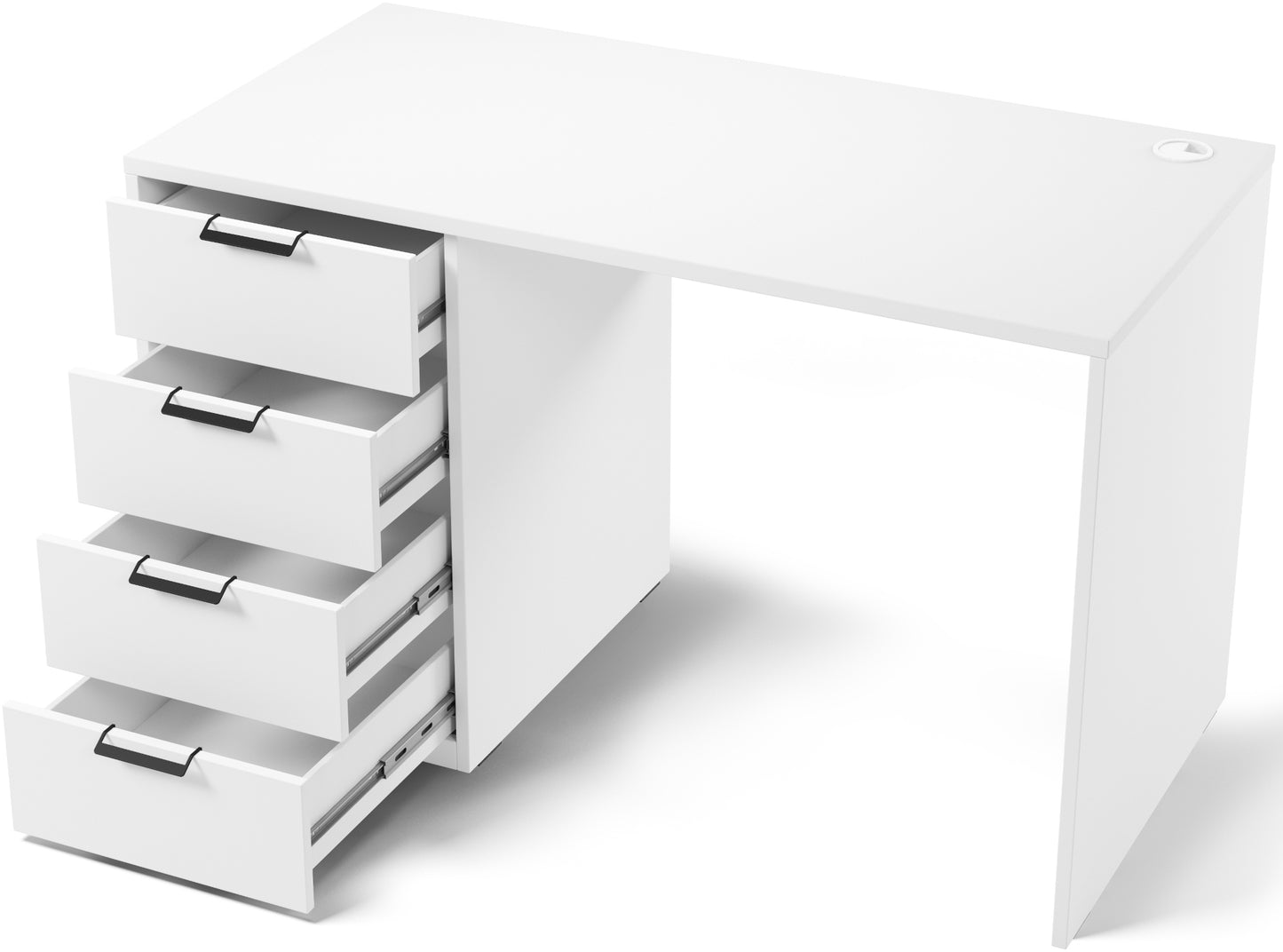 Białe biurko Barold 120x60 cm z czterema wysuniętymi szufladami – widok produktu na białym tle.