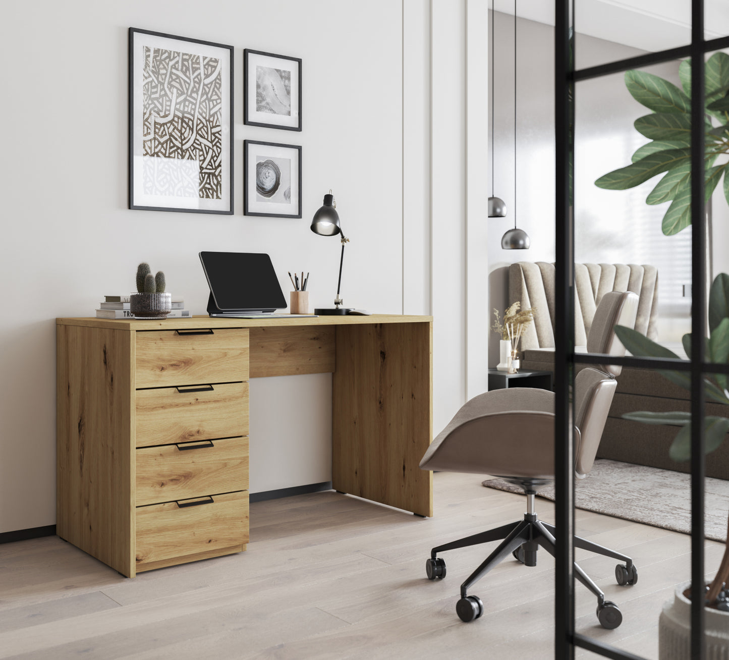 Biurko Barold 140x60 cm z 4 szufladami w aranżacji wnętrza – stylowy kącik do pracy i nauki.