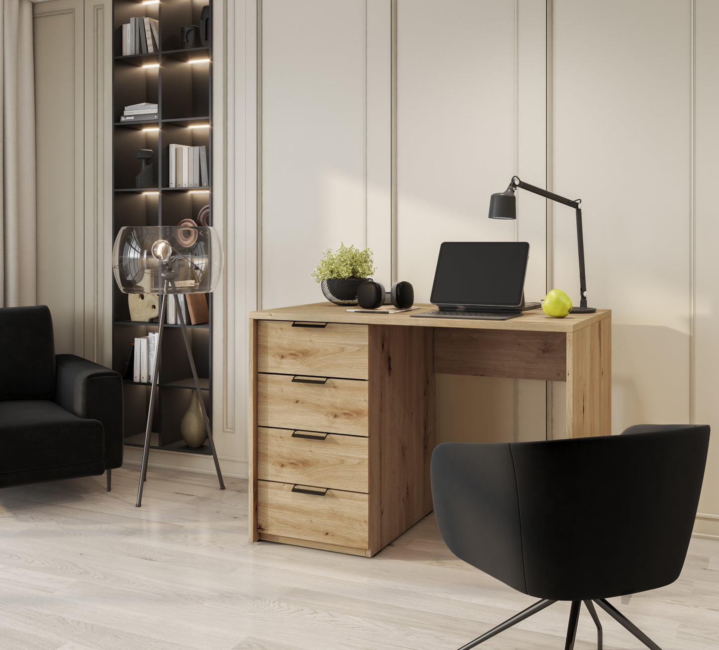 Nowoczesne biurko Barold 140x60 z pojemnymi szufladami, drewniane wykończenie, styl loft.
