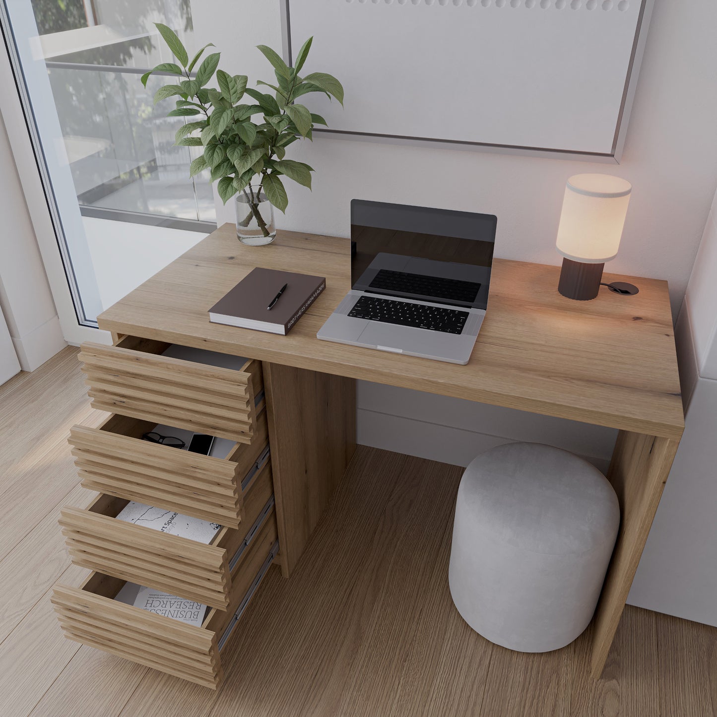 Biurko Bisett 120x60 cm dąb artisan z 4 szufladami i przepustem kablowym. Kompaktowe rozwiązanie do laptopa i małych przestrzeni domowego biura