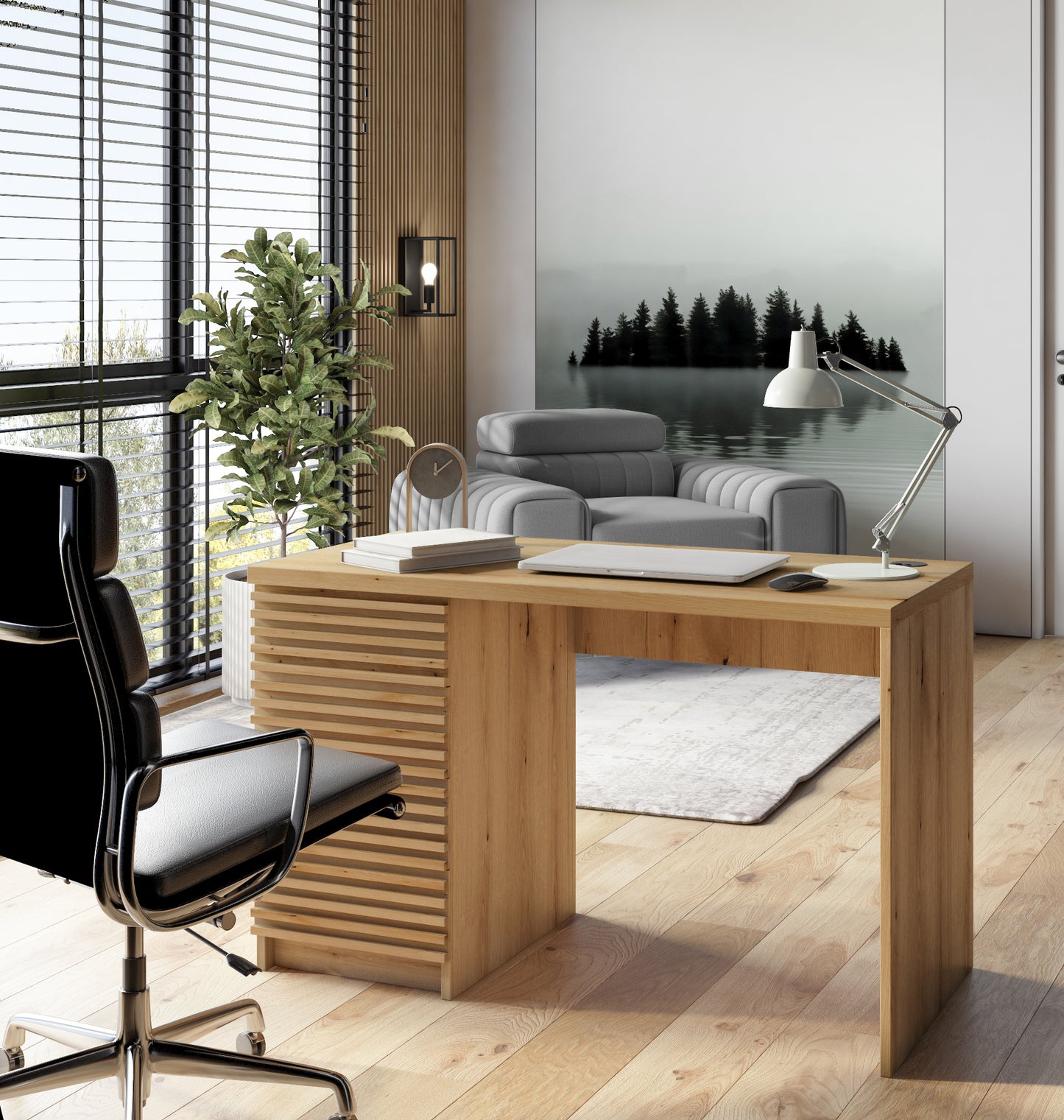 Biurko Bisett 140x60 cm – idealne do pracy hybrydowej! Stylowy dąb artisan, nowoczesny design z lamelowym frontem. Funkcja i forma w jednym.