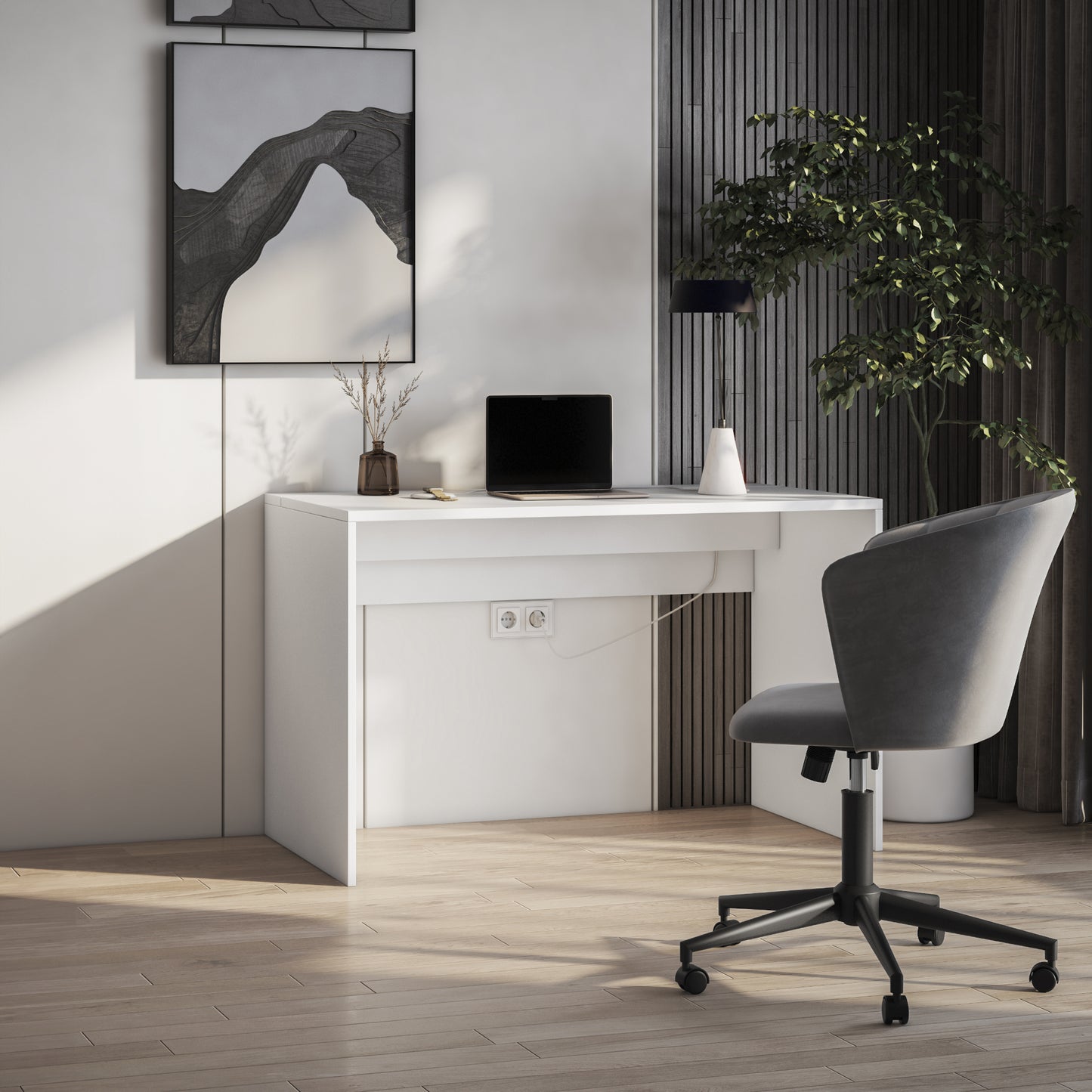 Białe biurko Nevy 140x60 cm w nowoczesnym wnętrzu – idealne do home office, minimalistyczny styl, praktyczne schowki na kable.