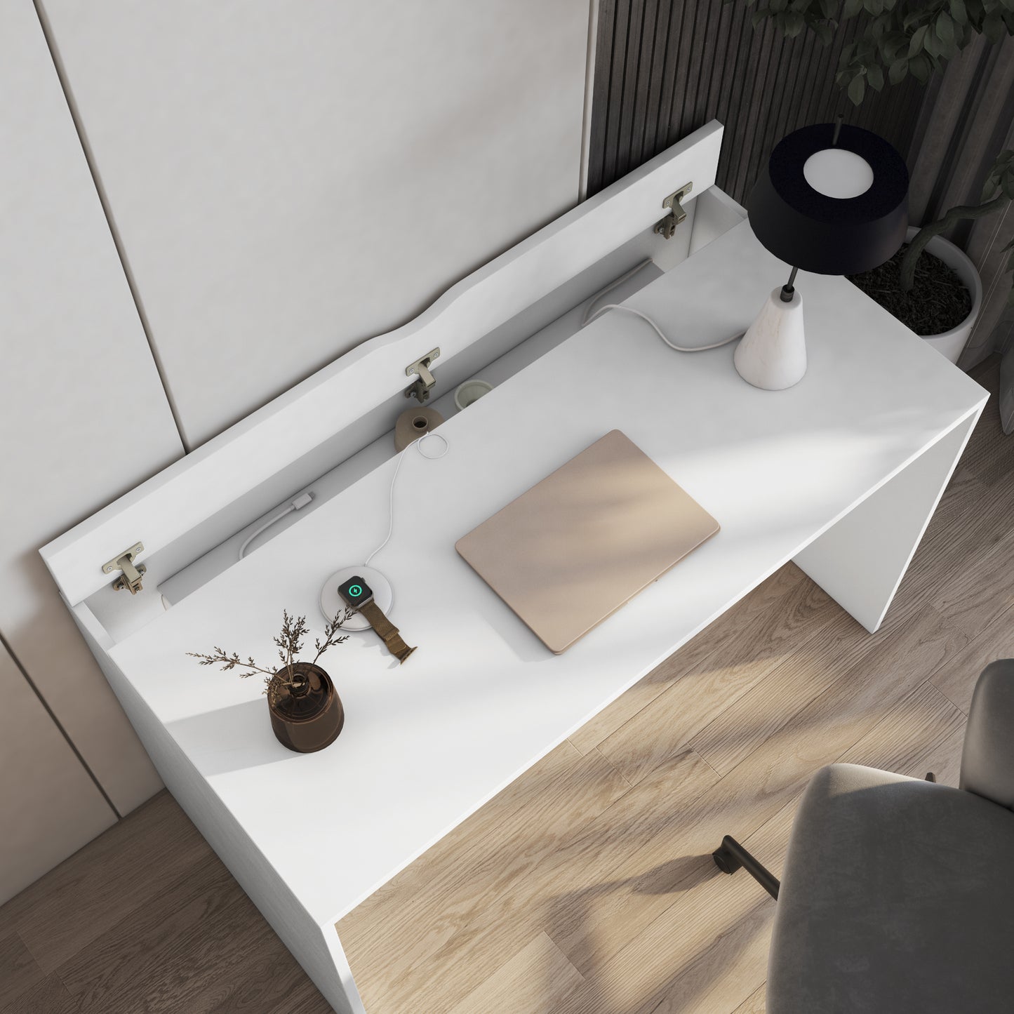 Widok z góry na biurko Nevy 140x60 cm – schowek na kable, ładowarka indukcyjna i stylowe oświetlenie.