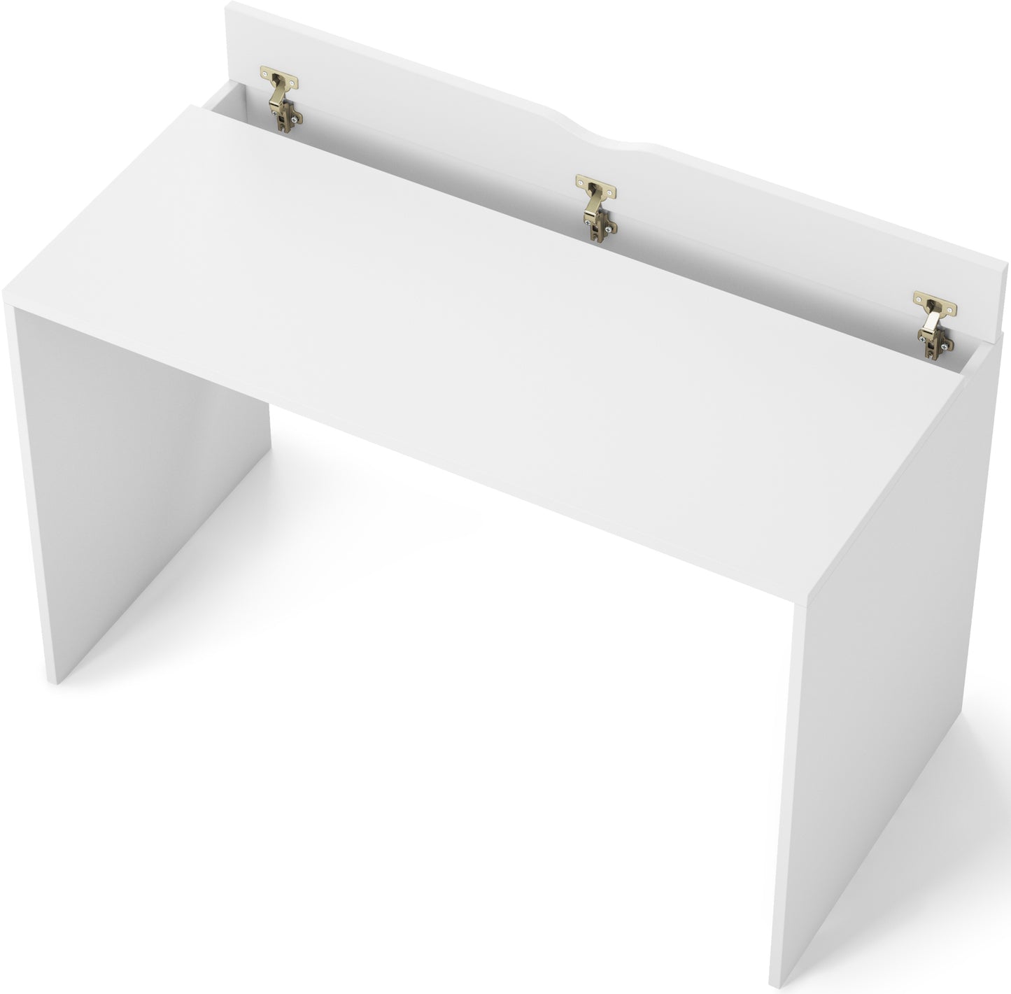 Białe biurko Nevy 120x60 cm z otwartą klapą – praktyczne miejsce na przewody i organizację kabli.