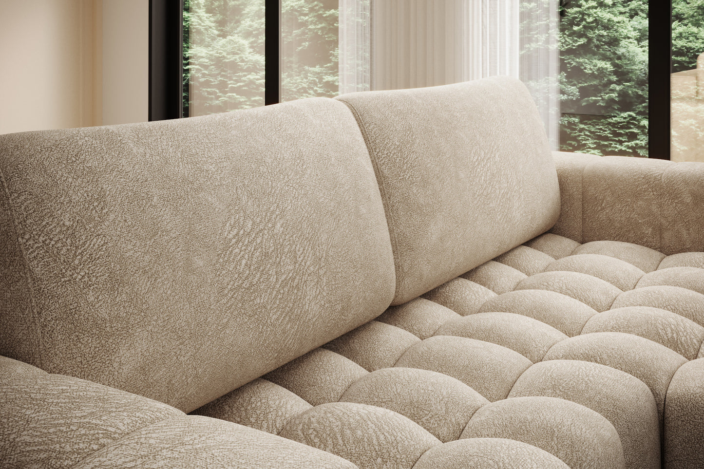 Detal modułów i zaokrąglonych przeszyć – narożnik Bonett, układ prawy, Dora 21 beżowy.