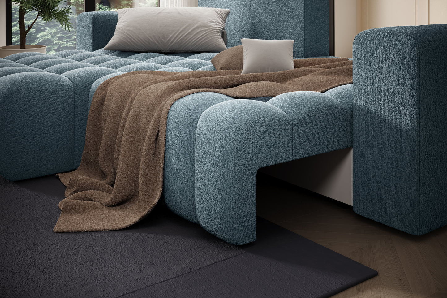 Bonett Jaffray 40 – ujęcie boczne z kocem, komfortowa strefa wypoczynku, układ lewy.