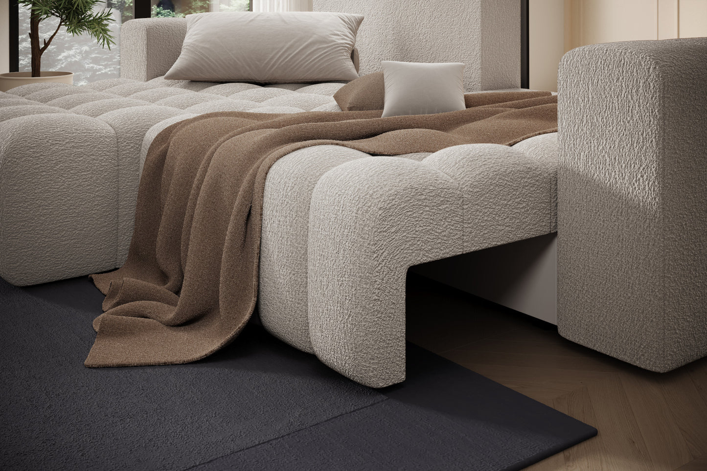 Detal oparcia i podłokietnika narożnika Bonett – tkanina Royal 18, układ lewy.