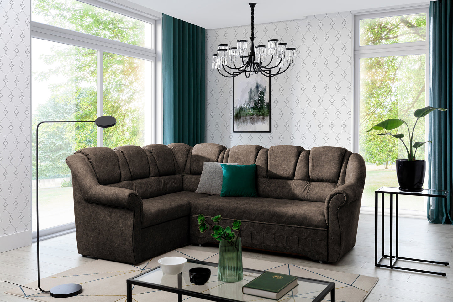 Brązowy narożnik Lord II lewy w tkaninie Dora 28 z eleganckimi zaokrąglonymi podłokietnikami oraz dekoracyjnymi przeszyciami. Stylowy narożnik do salonu inspirowanego klasycznym stylem glamour i nowoczesną elegancją.